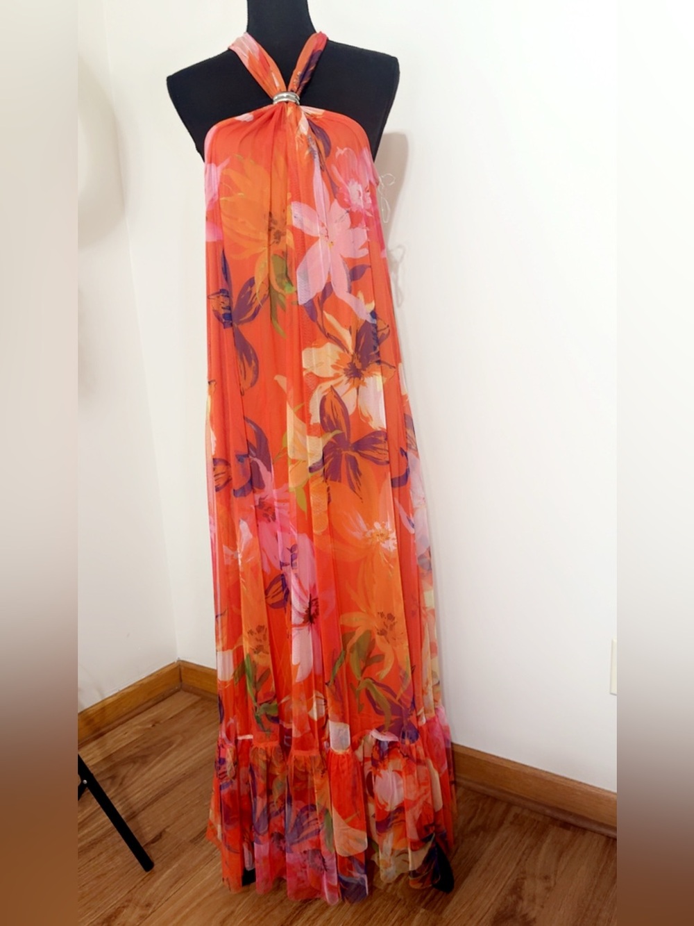 Vibrant Orange Milticolored Summer Vacation Beach Patty Floral Maxi Dress M